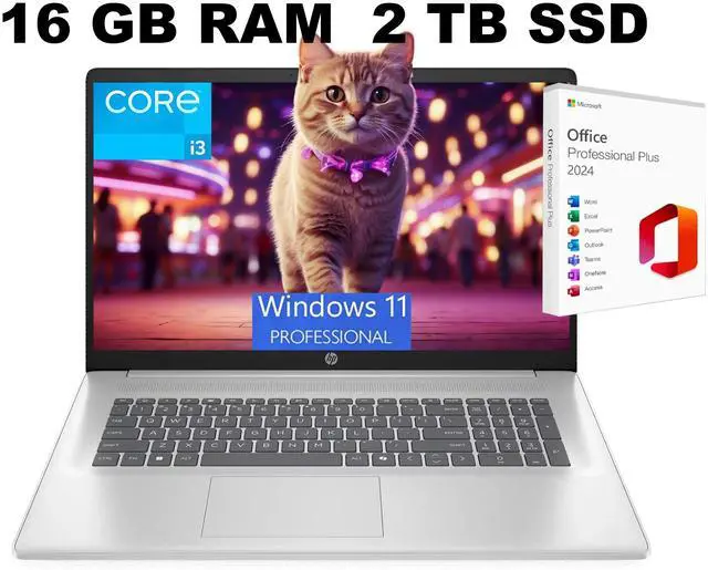 Main image of HP 17 Laptop, 17.3" HD+ (1600 x 900) Display, Intel Core i3-N305 8 Cores Processor, Intel UHD Graphics, Wi-Fi 6, 16GB DDR4 2 TB PCIe SSD, Windows 11 Pro, Office 2024 License