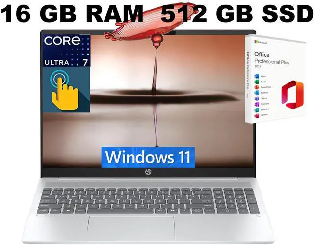 Main image of HP OmniBook 5 16 Laptop, 16" WUXGA Touchscreen, Intel Ultra 7 255U 12-Core Processor, Intel Graphics, Wi-Fi 6 Backlit Keyboard, 16GB DDR4 512GB PCIe SSD, Windows 11 Home, Office 2021 License