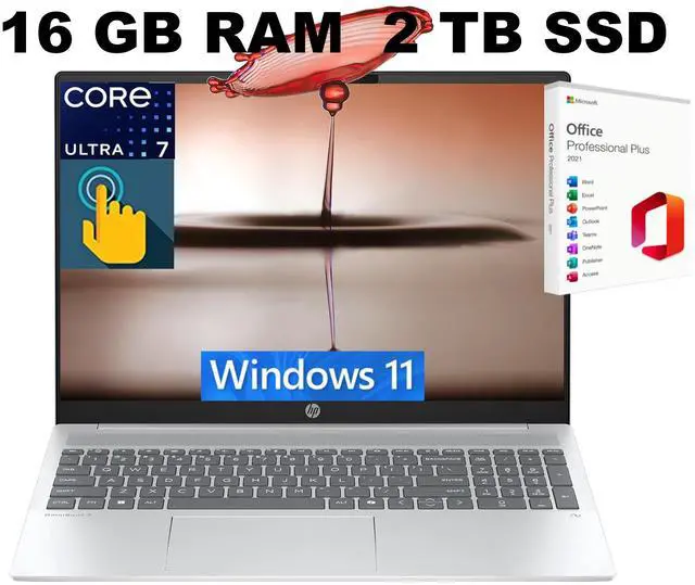Main image of HP OmniBook 5 16 Laptop, 16" WUXGA Touchscreen, Intel Ultra 7 255U 12-Core Processor, Intel Graphics, Wi-Fi 6 Backlit Keyboard, 16GB DDR4 2 TB PCIe SSD, Windows 11 Home, Office 2021 License