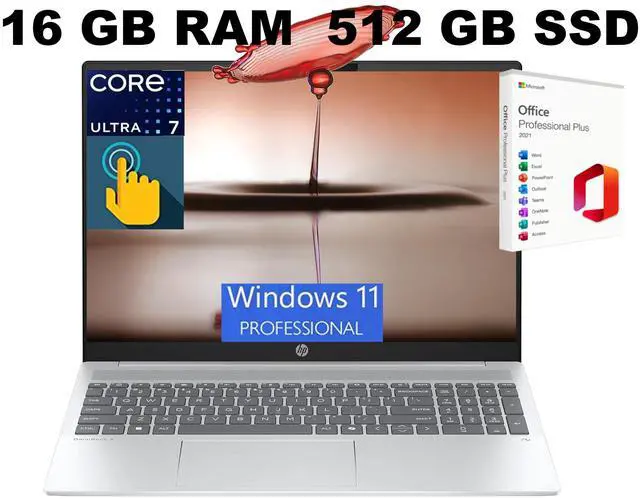 Main image of HP OmniBook 5 16 Laptop, 16" WUXGA Touchscreen, Intel Ultra 7 255U 12-Core Processor, Intel Graphics, Wi-Fi 6 Backlit Keyboard, 16GB DDR4 512GB PCIe SSD, Windows 11 Pro, Office 2021 License