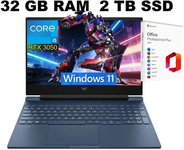 Main image of HP Victus 15 Gaming Laptop, 15.6" FHD 144Hz Display, Intel Core i5-12450H 8 Cores Processor, GeForce RTX 3050 4 GB GDDR6, Backlit KB, 32GB DDR4 2 TB PCIe SSD, Windows 11, Office 2021 License