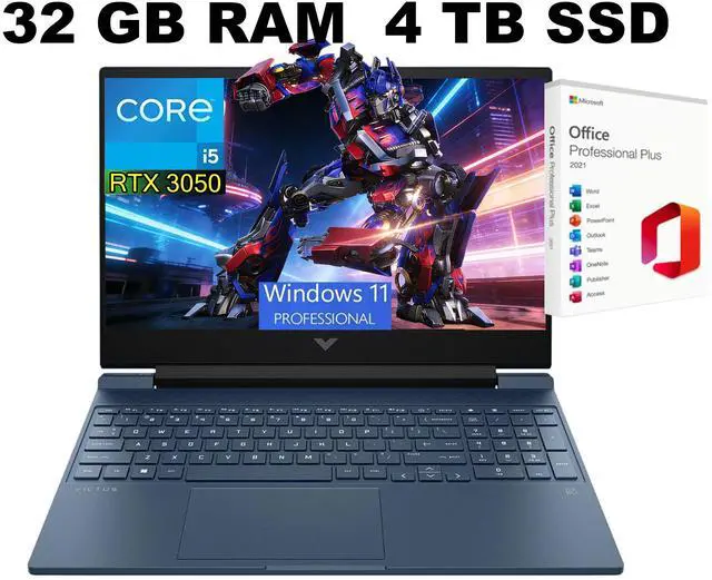 Main image of HP Victus 15 Gaming Laptop, 15.6" FHD 144Hz Display, Intel Core i5-12450H 8 Cores Processor, GeForce RTX 3050 4 GB GDDR6, Backlit KB, 32GB DDR4 4 TB PCIe SSD, Windows 11 Pro, Office 2021 License