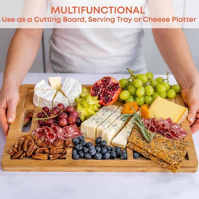Alt view image 5 of 7 - Wood Cutting Board for Kitchen 17x12 inch - Extra Large Bamboo Cutting Board with Juice Groove and Integrated Containers - Butcher Block, Wooden Chopping Board, Serving Tray - BlauKe®