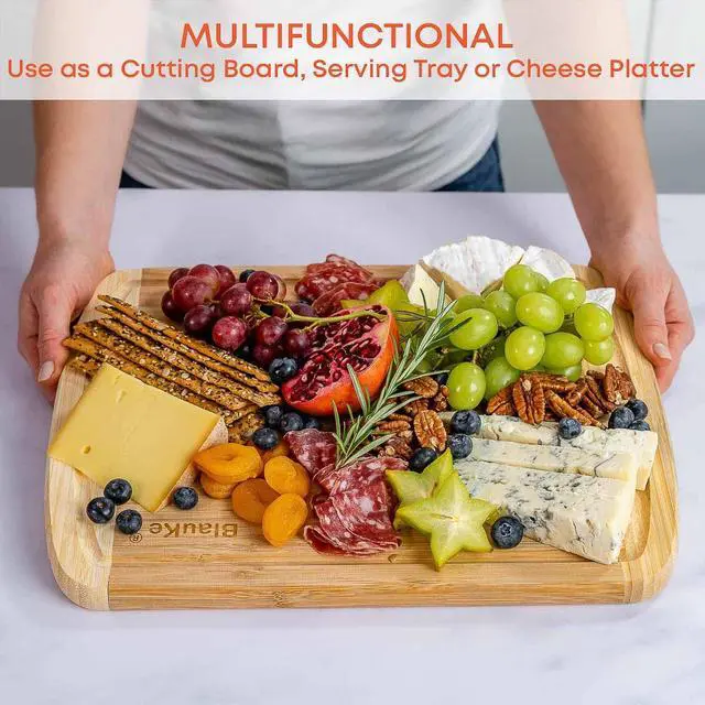 Alt view image 4 of 7 - Wood Cutting Board for Kitchen - 14x11" Large Bamboo Cutting Board with Juice Groove - Wooden Chopping Board, Serving Tray, Butcher Block - BlauKe®