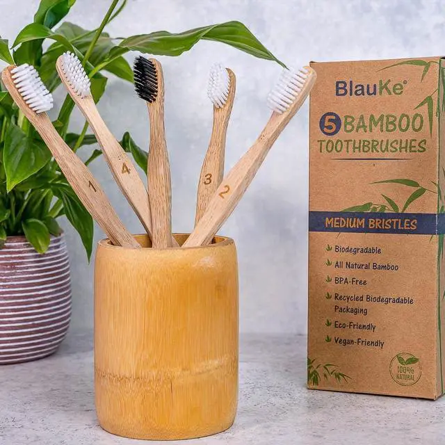 Alt view image 6 of 7 - Bamboo Toothbrushes Medium Bristles 5-Pack - 4 White Wooden Toothbrushes, 1 Black Charcoal Toothbrush - Biodegradable, Natural, Eco-Friendly - BlauKe®