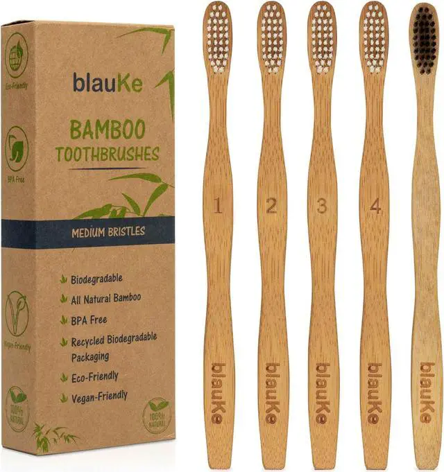 Main image of Bamboo Toothbrushes Medium Bristles 5-Pack - 4 White Wooden Toothbrushes, 1 Black Charcoal Toothbrush - Biodegradable, Natural, Eco-Friendly - BlauKe®