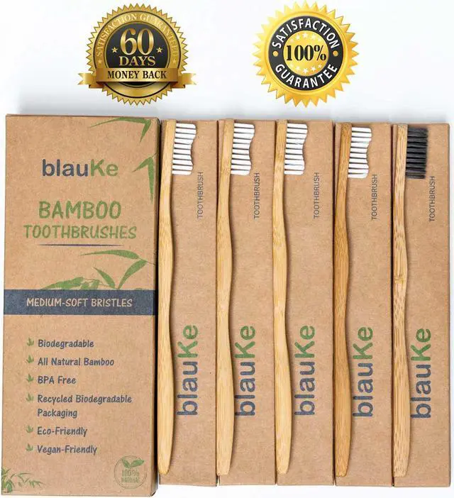 Alt view image 2 of 7 - Bamboo Toothbrushes Medium Bristles 5-Pack - 4 White Wooden Toothbrushes, 1 Black Charcoal Toothbrush - Biodegradable, Natural, Eco-Friendly - BlauKe®