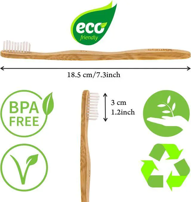Alt view image 3 of 7 - Bamboo Toothbrushes Medium Bristles 5-Pack - 4 White Wooden Toothbrushes, 1 Black Charcoal Toothbrush - Biodegradable, Natural, Eco-Friendly - BlauKe®