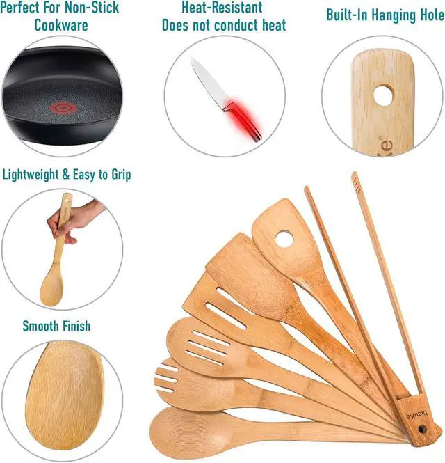 Alt view image 7 of 7 - Wooden Spoons for Cooking 7-Pack - Bamboo Kitchen Utensils Set for Nonstick Cookware - Wooden Cooking Utensils Set - Wood Spatulas, Spoons, Tongs - BlauKe®