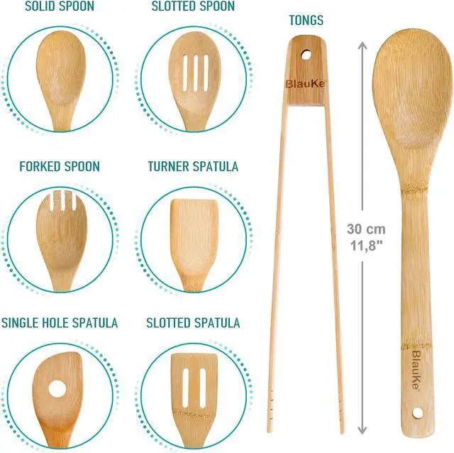 Alt view image 3 of 7 - Wooden Spoons for Cooking 7-Pack - Bamboo Kitchen Utensils Set for Nonstick Cookware - Wooden Cooking Utensils Set - Wood Spatulas, Spoons, Tongs - BlauKe®