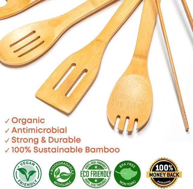 Alt view image 6 of 7 - Wooden Spoons for Cooking 7-Pack - Bamboo Kitchen Utensils Set for Nonstick Cookware - Wooden Cooking Utensils Set - Wood Spatulas, Spoons, Tongs - BlauKe®