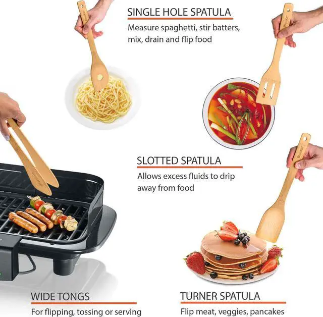 Alt view image 6 of 7 - Wooden Spoons for Cooking 8-Pack - Bamboo Kitchen Utensils Set - Nonstick Wooden Cooking Utensils - Wood Spatulas, Spoons, Tongs, Utensil Holder - BlauKe®