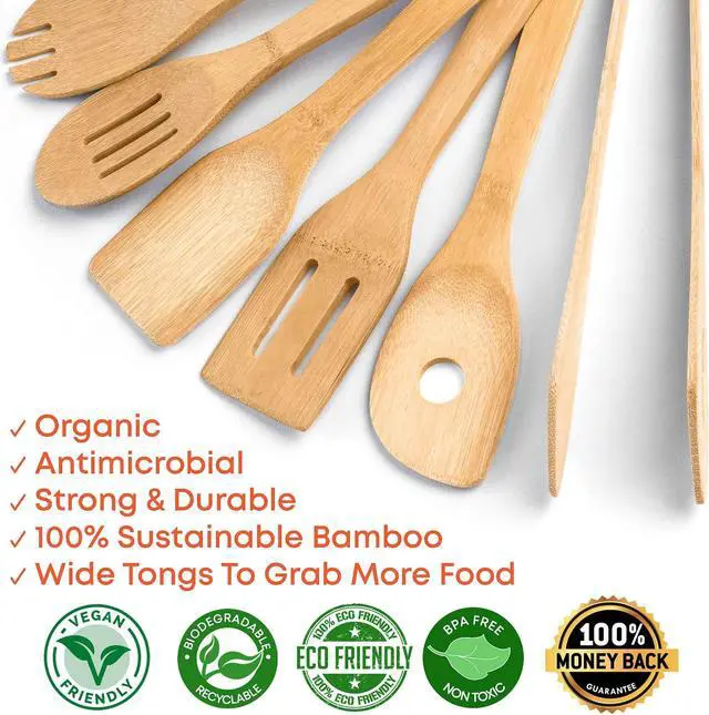 Alt view image 4 of 7 - Wooden Spoons for Cooking 8-Pack - Bamboo Kitchen Utensils Set - Nonstick Wooden Cooking Utensils - Wood Spatulas, Spoons, Tongs, Utensil Holder - BlauKe®