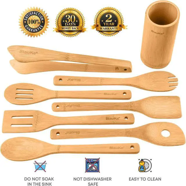 Alt view image 2 of 7 - Wooden Spoons for Cooking 8-Pack - Bamboo Kitchen Utensils Set - Nonstick Wooden Cooking Utensils - Wood Spatulas, Spoons, Tongs, Utensil Holder - BlauKe®