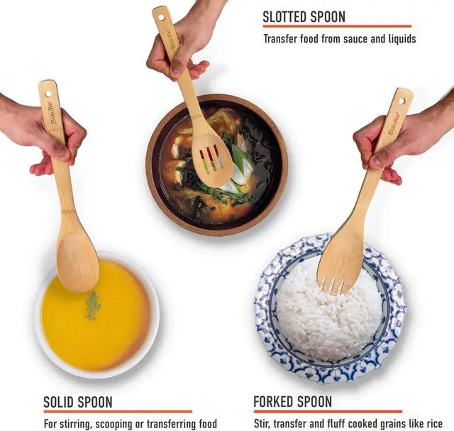 Alt view image 7 of 7 - Wooden Spoons for Cooking 8-Pack - Bamboo Kitchen Utensils Set - Nonstick Wooden Cooking Utensils - Wood Spatulas, Spoons, Tongs, Utensil Holder - BlauKe®