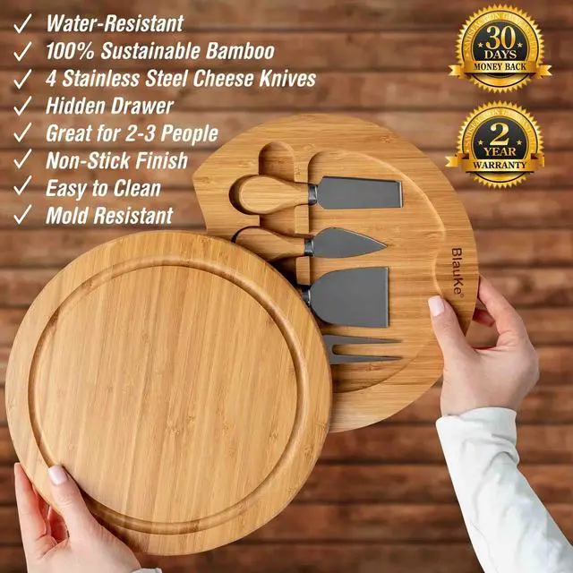 Alt view image 2 of 7 - Bamboo Cheese Board and Knife Set - 10-inch Round Charcuterie Board, Serving Tray, Platter - Wood Cheese Board Set - Gift Idea - BlauKe®