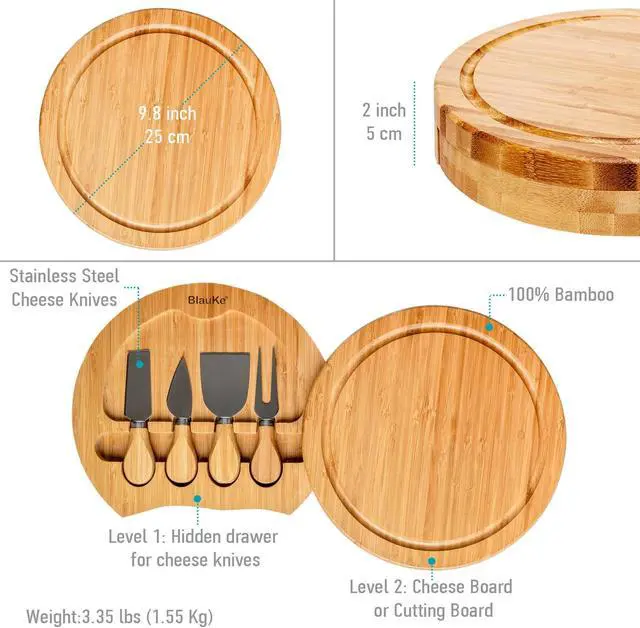 Alt view image 3 of 7 - Bamboo Cheese Board and Knife Set - 10-inch Round Charcuterie Board, Serving Tray, Platter - Wood Cheese Board Set - Gift Idea - BlauKe®