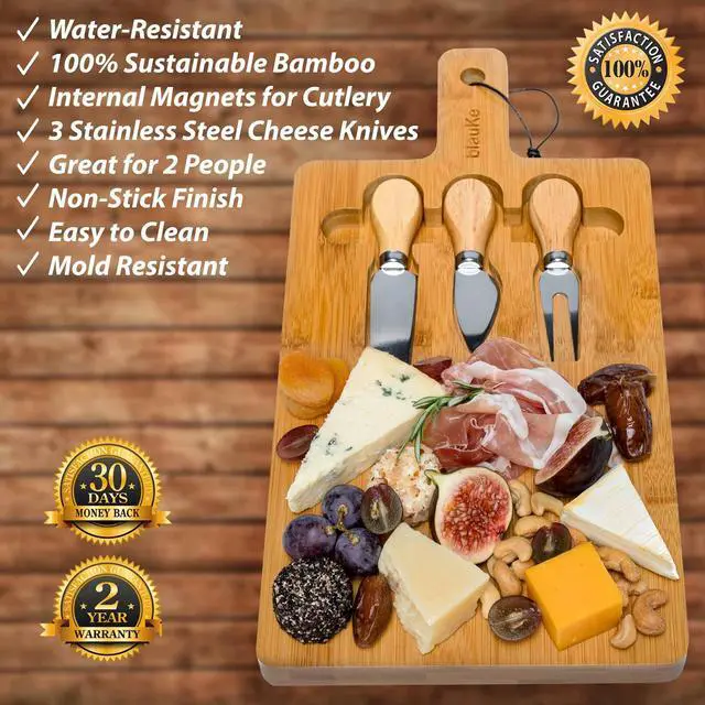 Alt view image 2 of 7 - Bamboo Cheese Board and Knife Set 12x8 inch - Wood Cheese Cutting Board, Serving Tray Platter, Charcuterie Board Set, Magnetic Cheese Knives - BlauKe®