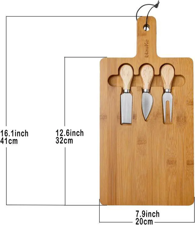 Alt view image 3 of 7 - Bamboo Cheese Board and Knife Set 12x8 inch - Wood Cheese Cutting Board, Serving Tray Platter, Charcuterie Board Set, Magnetic Cheese Knives - BlauKe®