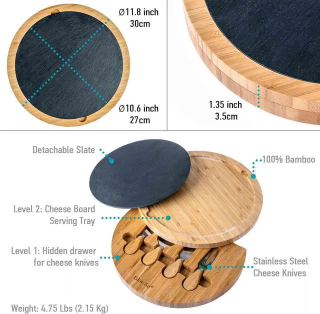 Alt view image 3 of 7 - Bamboo Cheese Board with Knife Set and Slate - 12 inch Round Charcuterie Board, Serving Tray, Platter, Wood Cheese Board Set - Gift Idea - BlauKe®