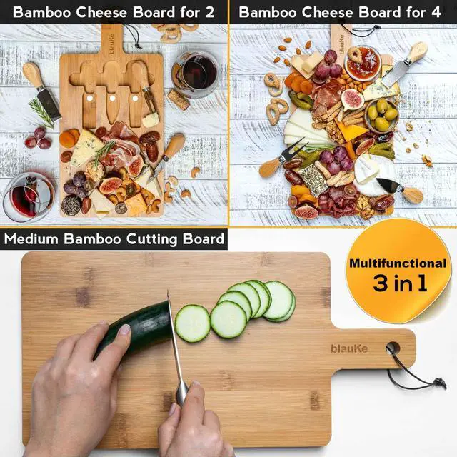 Alt view image 7 of 7 - Bamboo Cheese Board and Knife Set 12x8 inch - Wood Cheese Cutting Board, Serving Tray Platter, Charcuterie Board Set, Magnetic Cheese Knives - BlauKe®
