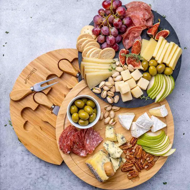 Alt view image 4 of 7 - Bamboo Cheese Board with Knife Set and Slate - 12 inch Round Charcuterie Board, Serving Tray, Platter, Wood Cheese Board Set - Gift Idea - BlauKe®