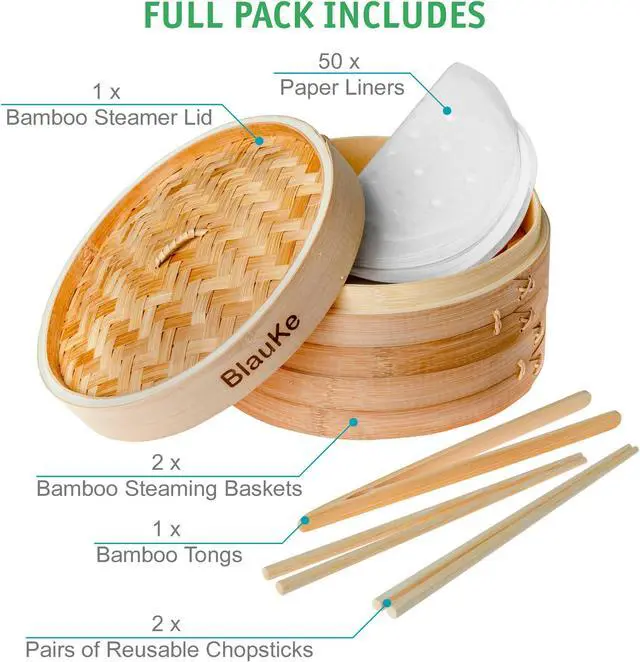 Alt view image 4 of 7 - Bamboo Steamer Basket 10-inch with Chopsticks, Tongs, 50 Paper Liners - 2-Tier Food Steamer for Cooking Dumplings, Vegetables, Meat, Fish, Rice - BlauKe®