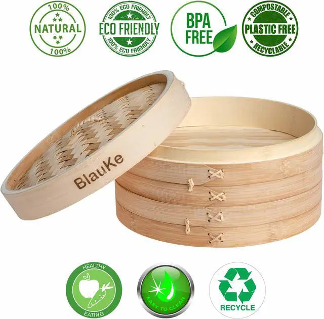 Alt view image 3 of 7 - Bamboo Steamer Basket 10-inch with Chopsticks, Tongs, 50 Paper Liners - 2-Tier Food Steamer for Cooking Dumplings, Vegetables, Meat, Fish, Rice - BlauKe®