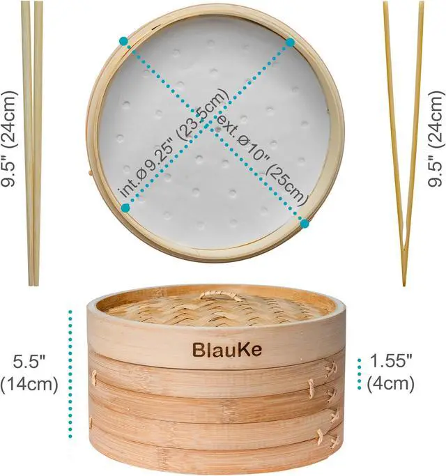 Alt view image 5 of 7 - Bamboo Steamer Basket 10-inch with Chopsticks, Tongs, 50 Paper Liners - 2-Tier Food Steamer for Cooking Dumplings, Vegetables, Meat, Fish, Rice - BlauKe®