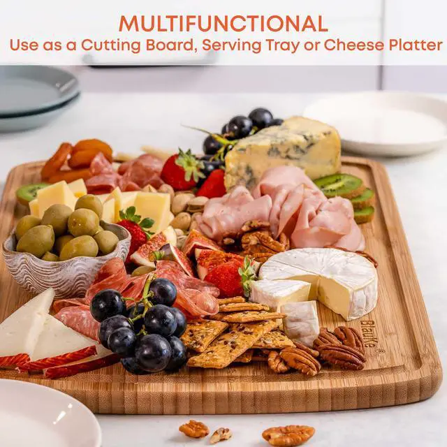 Alt view image 6 of 7 - Wood Cutting Board for Kitchen - 18x12" Extra Large Bamboo Cutting Board with Juice Groove - Wooden Chopping Board, Serving Tray, Butcher Block - BlauKe®