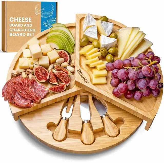 Main image of Bamboo Cheese Board and Knife Set - 14-inch Round Charcuterie Board, Serving Tray, Platter - Wood Cheese Board Set with Slide-Out Drawer - BlauKe®