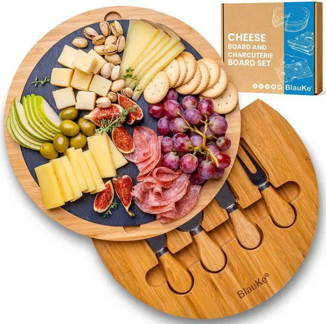 Main image of Bamboo Cheese Board with Knife Set and Slate - 12 inch Round Charcuterie Board, Serving Tray, Platter, Wood Cheese Board Set - Gift Idea - BlauKe®