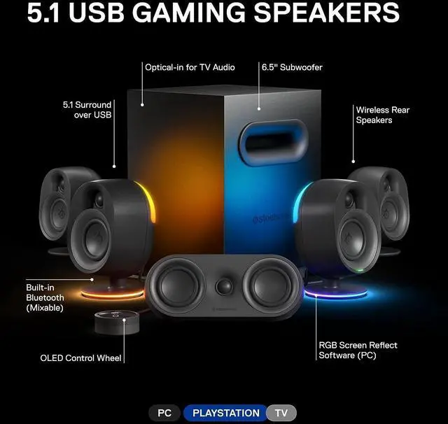 Alt view image 2 of 7 - SteelSeries Arena 9 Illuminated 5.1 Desktop Gaming Speakers  5.1 USB Surround Sound  Wireless Rear Speakers  2-Way Speaker Design  Subwoofer  RGB Light, Bluetooth  PC, PlayStation, Mobile, Mac