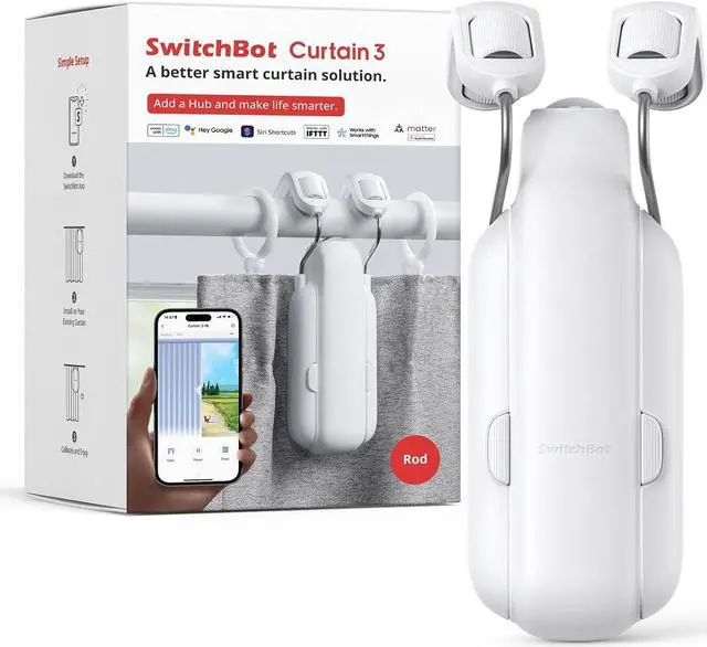Main image of SwitchBot Automatic Curtain Opener - Bluetooth Remote Control Smart Curtain with App/Timer, Upgraded High-Performance Motor, Add Hub to Work with Alexa, Google Home, HomeKit (Curtain 3, Rod)