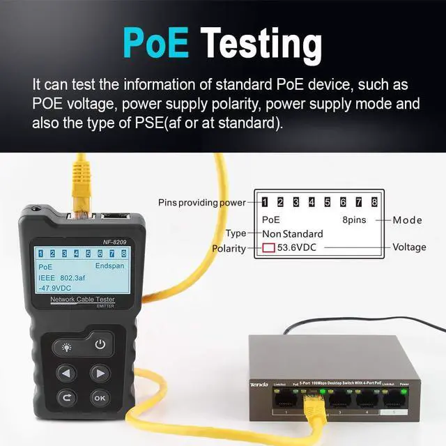 Alt view image 7 of 7 - Network Cable Tester NF-8209 Wire Tracker Network Tool Scan Cable Wiremap Tester CAT5 CAT6 Cable Length Measurement, PoE Testing, NCV Function