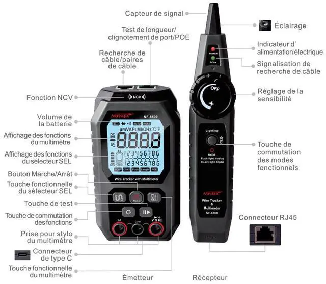 Alt view image 3 of 7 - NOYAFA NF-8509  Multimeter Tester Network Line Cable Finder for POE Test with NCV AC DC LCD Wire Tracker
