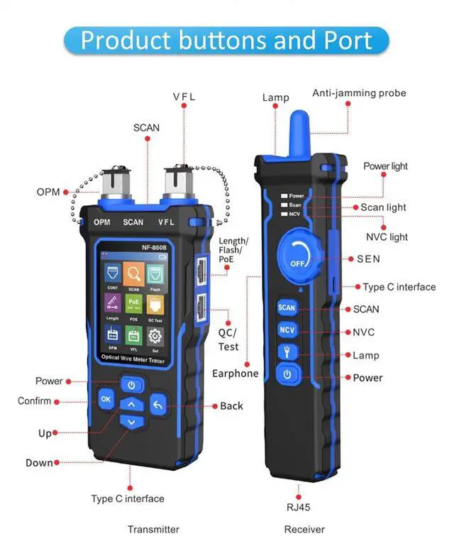 Alt view image 4 of 7 - NOYAFA NF-8508 Network Cable Tester with Optical Power Meter, CAT5 CAT6 Cable Toner Ethernet Cable Tester, RJ45 Network Tester, VFL PoE QC Test Wire Tracer Port Flashing 200M Length Test