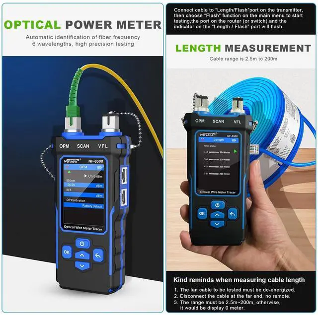 Alt view image 5 of 7 - NOYAFA NF-8508 Network Cable Tester with Optical Power Meter, CAT5 CAT6 Cable Toner Ethernet Cable Tester, RJ45 Network Tester, VFL PoE QC Test Wire Tracer Port Flashing 200M Length Test