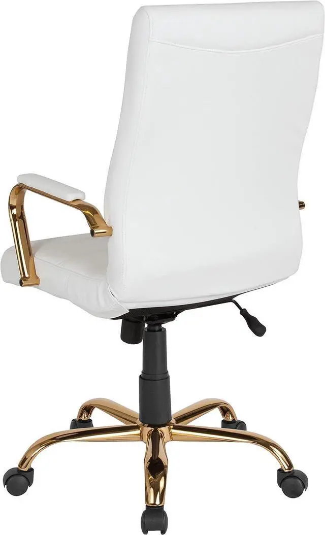 Alt view image 7 of 7 - EMMA + OLIVER High Back White Faux Leather Executive Office Chair | Gold Base, Height Adjustable, 360° Swivel, Padded Seat and Armrests