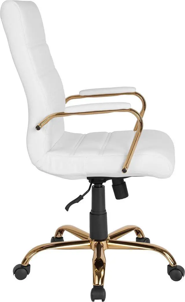 Alt view image 6 of 7 - EMMA + OLIVER High Back White Faux Leather Executive Office Chair | Gold Base, Height Adjustable, 360° Swivel, Padded Seat and Armrests