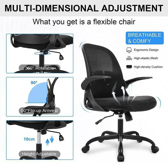 Alt view image 7 of 7 - Office Ergonomic Desk Chair with Adjustable Lumbar Support and Height, Swivel Breathable Mesh Computer Chair with Flip up Armrests for Conference Room (Black)