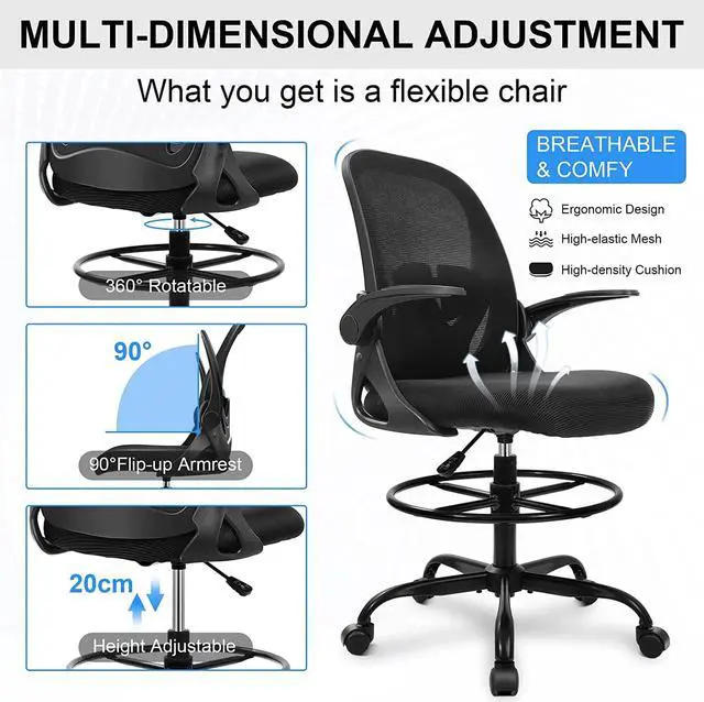 Alt view image 4 of 6 - Drafting Chair Primy Tall Office Chair with Flip-up Armrests Executive Ergonomic Computer Standing Desk Chair with Lumbar Support and Adjustable Footrest Ring (Black)