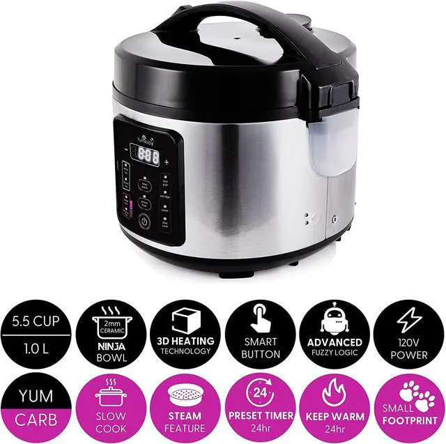 Alt view image 2 of 7 - Yum Asia Kumo YumCarb Rice Cooker with Ceramic Bowl and Advanced Fuzzy Logic, (5.5 Cups, 1 Litre), 5 Rice Cooking Functions, 3 Multicooker Functions, 110V US Power (Light Stainless Steel)