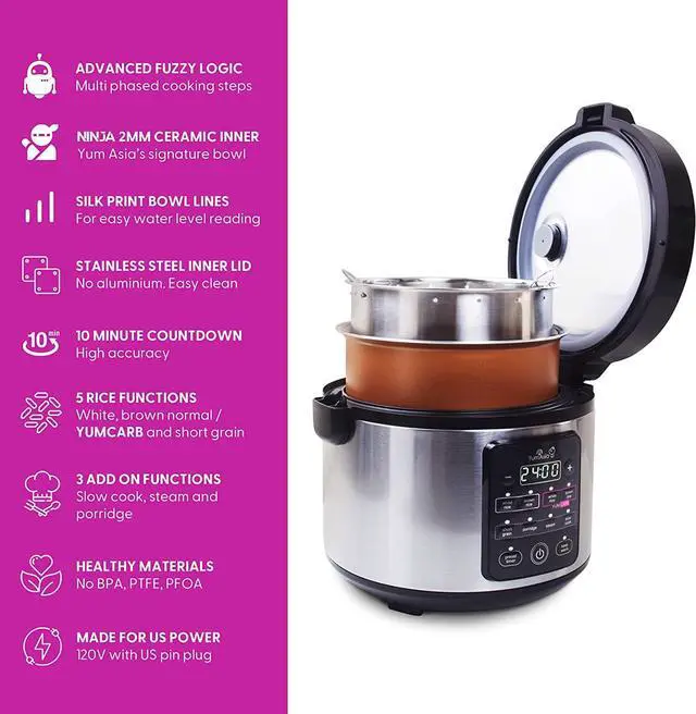 Alt view image 3 of 7 - Yum Asia Kumo YumCarb Rice Cooker with Ceramic Bowl and Advanced Fuzzy Logic, (5.5 Cups, 1 Litre), 5 Rice Cooking Functions, 3 Multicooker Functions, 110V US Power (Light Stainless Steel)