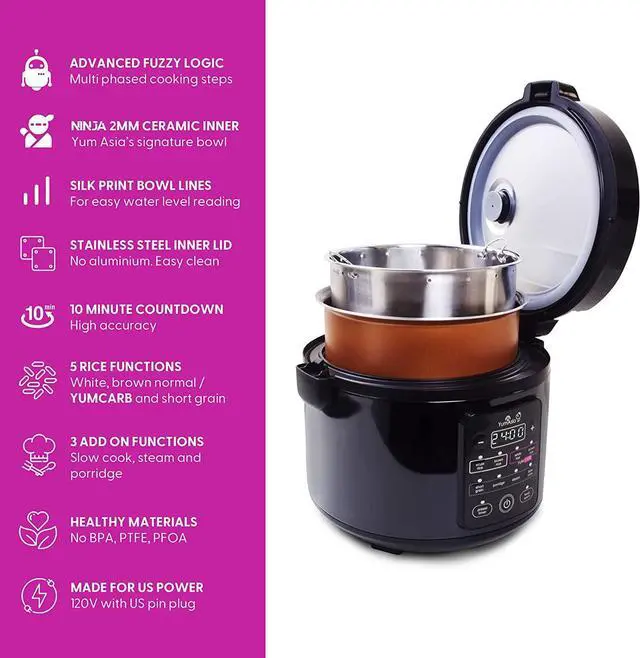 Alt view image 3 of 7 - Yum Asia Kumo YumCarb Rice Cooker with Ceramic Bowl and Advanced Fuzzy Logic, (5.5 Cups, 1 Litre), 5 Rice Cooking Functions, 3 Multicooker Functions, 110V US Power (Dark Stainless Steel)
