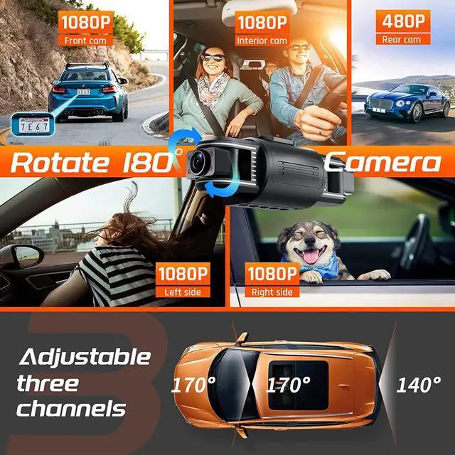 Alt view image 3 of 7 - T1-pro Dash Cam Front and Rear Inside 3 Channel 1080P, Adjustable Lens Dash Camera for Cars with 8 IR Lamps Night Vision, Three Ways Triple Car Camera, Loop Recording, G-sensor, Parking Monitor