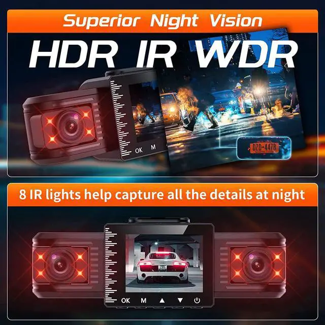 Alt view image 4 of 7 - T1-pro Dash Cam Front and Rear Inside 3 Channel 1080P, Adjustable Lens Dash Camera for Cars with 8 IR Lamps Night Vision, Three Ways Triple Car Camera, Loop Recording, G-sensor, Parking Monitor