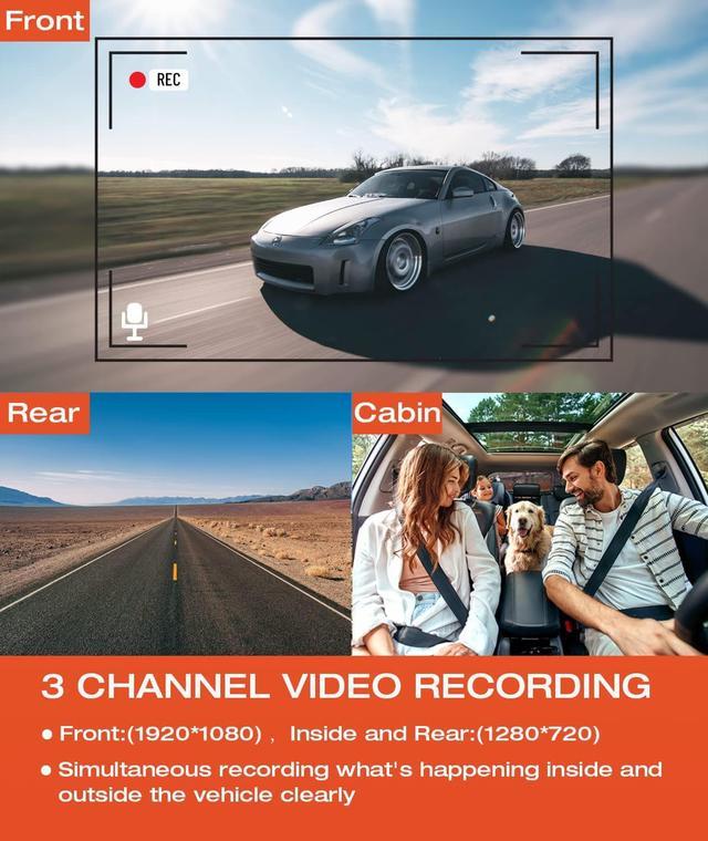 Yansoo 3 Channel Dash Cam Front and Rear Inside,1080P Three Way Triple Dash  Camera for Cars with Wide Angle,4IR Night Vision, Car Camera Uber Loop
