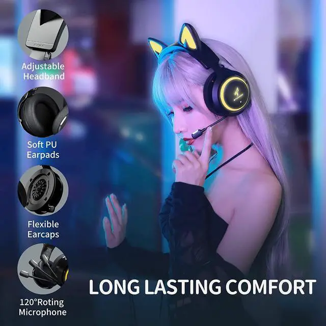Alt view image 5 of 6 - SOMIC GS510 Cat Ear Headset Wireless Gaming Headphones for PS5/ PS4/ PC, Cute Headset 2.4G with Retractable Mic, 7.1 Stereo Sound, 8Hrs Playtime, RGB Lighting (Xbox Only Work in Wired Mode)