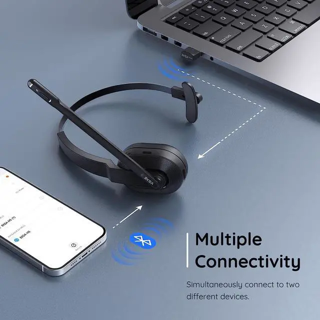 Alt view image 5 of 7 - Bluetooth Headset, Wireless Headphones with AI-Powered Environmental Noise Cancelling Microphone (ENC) & Fast Charging Stand, Lightweight, 45Hrs On-Ear Headphone with USB Dongle for PC (Black)